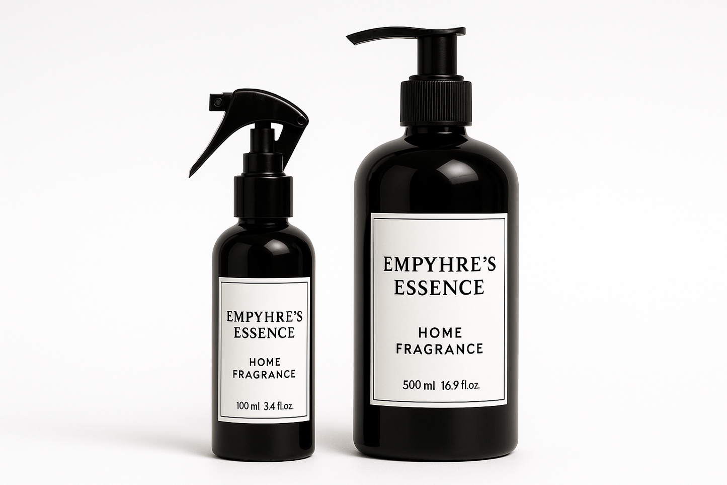 100ml and 500ml black plastic bottles with labels reading exactly "Empyhre's Essence" "Home Fragrance"