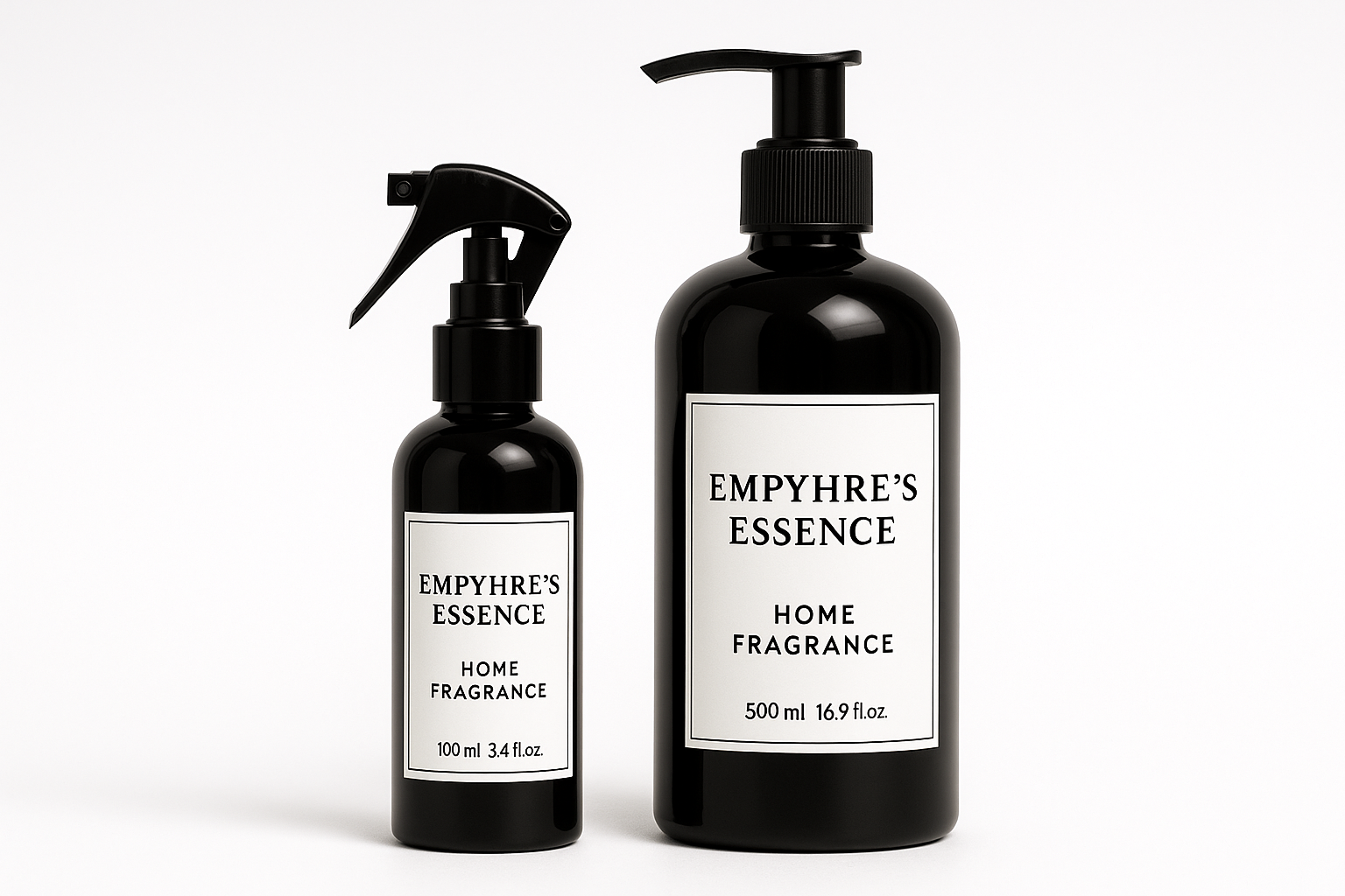 100ml and 500ml black plastic bottles with labels reading exactly "Empyhre's Essence" "Home Fragrance"