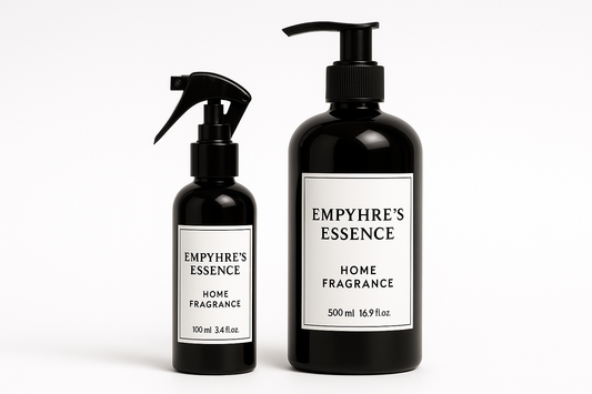 100ml and 500ml black plastic bottles with labels reading exactly "Empyhre's Essence" "Home Fragrance"